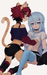 Rule 34 | + +, 2girls, aeiou (yoako), after kiss, animal ear fluff, animal ears, animal feet, animal nose, barefoot, bell, black-framed eyewear, black choker, black collar, black hair, black jacket, black shorts, black skirt, blue eyes, blue hair, blue thighhighs, body fur, cat ears, cat girl, cat tail, choker, clothes lift, collar, commentary, ear piercing, earclip, english commentary, english text, fishnets, furry, furry female, furry with non-furry, glasses, grabbing, grabbing another&#039;s breast, hair between eyes, hair ornament, highres, interspecies, jacket, jingle bell, kneeling, leg warmers, lifting another&#039;s clothes, light blue hair, long hair, long sleeves, looking at viewer, miniskirt, multicolored hair, multiple girls, neck bell, no shoes, off shoulder, open clothes, open jacket, open mouth, original, pawpads, piercing, red hair, saliva, saliva trail, sharp teeth, shirt, shirt lift, short hair, short shorts, short sleeves, shorts, simple background, sitting, skirt, t-shirt, tail, teeth, thighhighs, tongue, tongue out, tongue piercing, two-tone hair, upper teeth only, watermark, white shirt, x hair ornament, yoako, yuri