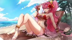 Rule 34 | 1girl, absurdres, alternate costume, ankle ribbon, anklet, arm support, beach, beach chair, bendy straw, big hair, bikini, blurry, blurry background, blush, bow, bracelet, breasts, cloud, coconut, commentary, crossed legs, drinking straw, english commentary, fire emblem, fire emblem: mystery of the emblem, fire emblem: new mystery of the emblem, flower, hair bow, hair flower, hair ornament, highres, jewelry, kamilisme, large breasts, leg ribbon, long hair, looking at viewer, nail polish, navel, nintendo, ocean, palm tree, phina (fire emblem), pink bow, pink eyes, pink hair, ponytail, red bikini, red flower, ribbon, sand, sandals, sarong, second-party source, see-through, shadow, sidelocks, sitting, smile, solo, sunglasses, swimsuit, thighs, tree, two-tone bikini, very long hair, white bikini, white footwear, wrist bow, yellow bow