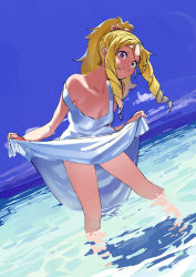 Rule 34 | 1girl, bare shoulders, blonde hair, blue sky, blush, bow, breasts, cleavage, closed mouth, clothes lift, day, dress, dress lift, drill hair, drill sidelocks, eromanga sensei, hair bow, highres, kito (sakerukito), looking at viewer, ocean, partially submerged, ponytail, red eyes, sidelocks, sky, smile, solo, standing, strap slip, wading, water, white dress, yamada elf