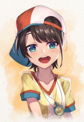 Rule 34 | 1girl, :d, backwards hat, baseball cap, black hair, blue eyes, breasts, brown hat, collarbone, green eyes, hat, highres, hololive, looking at viewer, masaki (msk064), multicolored eyes, oozora subaru, oozora subaru (1st costume), open mouth, round teeth, shirt, short sleeves, small breasts, smile, solo, stopwatch, striped clothes, striped shirt, teeth, upper body, upper teeth only, vertical-striped clothes, vertical-striped shirt, virtual youtuber, watch