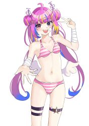 Rule 34 | 1girl, absurdres, ahoge, bandages, bandaid, bandaid on face, blush, bra, commission, hair ornament, happy, heterochromia, highres, idol corp, knees up, maril zu, multicolored hair, open mouth, panties, pink eyes, purple eyes, riro ron, simple background, star (symbol), striped bra, striped clothes, striped panties, teeth, thighs, twintails, underwear, underwear only, v, virtual youtuber, white background, wings