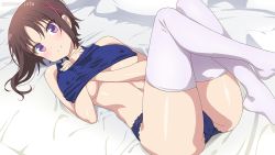 Rule 34 | 10s, 1girl, bed, blue panties, blush, breasts, brown hair, cameltoe, covered erect nipples, hagino chiaki, hinako note, large breasts, lingerie, looking at viewer, navel, no bra, panties, purple eyes, silver meteor, smile, solo, sweater, thighhighs, underwear, white thighhighs