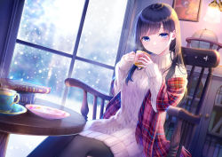 Rule 34 | 1girl, aran sweater, black hair, black pantyhose, blue eyes, blush, book, breasts, cable knit, chair, closed mouth, commentary request, cup, fringe trim, globe, holding, holding cup, indoors, kashiwabara en, long hair, long sleeves, looking at viewer, mole, mole under eye, on chair, original, pantyhose, plaid, ribbed sweater, saucer, shawl, sitting, sleeves past wrists, small breasts, smile, snowing, solo, sweater, table, teacup, turtleneck, turtleneck sweater, very long hair, window
