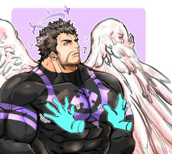 Rule 34 | 1boy, abs, angel, angel wings, bara, beard, biceps, black hair, bodysuit, confused, facial hair, halo, highres, kizami nori to yamaimo, large pectorals, male focus, manly, mature male, muscular, muscular male, nether angel (housamo), pectoral squeeze, pectorals, solo, sparkle, spiked hair, thick arms, thick eyebrows, tight clothes, tokyo houkago summoners, veins, veiny arms, wings, yellow eyes