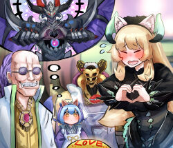 2boys 2girls animal_ears black_dress blue_hair cat_ears chamber_dragonmaid chaos_ruler_the_chaotic_magical_dragon closed_eyes coat dragonmaid_(yu-gi-oh!) dress drooling duel_monster eldlich_the_golden_lord embarrassed fake_animal_ears food glasses grin hatano_kiyoshi heart heart_hands highres laundry_dragonmaid magical_scientist maid maid_cafe maid_headdress multiple_boys multiple_girls newtype_flash old old_man omelet omurice purple_hair smile thinking wa_maid white_coat yellow_eyes yu-gi-oh!