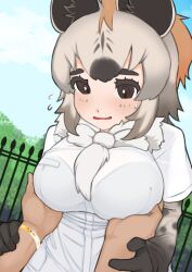 Rule 34 | 1girl, animal ears, blue sky, breasts, brown eyes, brown hair, character request, day, fence, flying sweatdrops, gloves, grabbing, grabbing another&#039;s breast, grey hair, illu (illu stratos), kemono friends, large breasts, multicolored hair, open mouth, outdoors, pov, pov hands, print gloves, shirt, sky, solo focus, streaked hair, upper body, white shirt, wristband