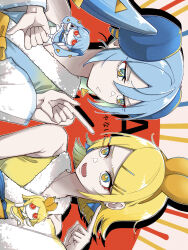 Rule 34 | &gt;:(, 2girls, a ja nai ka (vocaloid), aimaina, blonde hair, blue eyes, blue hair, bow hairband, detached sleeves, fang, furrowed brow, hair ornament, hairband, hairclip, hatsune miku, highres, japanese clothes, kagamine rin, long hair, multicolored eyes, multiple girls, nisui57, open mouth, pointing, pointing at another, short hair, sleeveless, thumbs down, v-shaped eyebrows, vocaloid, yellow eyes