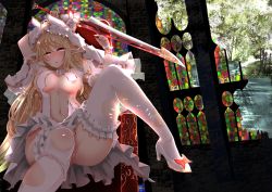 Rule 34 | 1girl, absurdres, ahoge, armlet, armpits, bare shoulders, blonde hair, blush, breasts, bridal veil, choker, commentary request, dress, elf, foot out of frame, gold trim, half-closed eyes, high heels, highres, holding, holding sword, holding weapon, huge filesize, large breasts, long hair, looking at viewer, navel, nipple slip, nipples, open mouth, orange eyes, original, panties, panties around leg, partially visible vulva, pink panties, pointy ears, revealing clothes, sidelocks, simple background, sitting, solo, stomach, suisui (hakkindou), sword, thighhighs, torn clothes, torn thighhighs, underwear, veil, very long hair, weapon, wedding dress, white background, white dress, white footwear, white thighhighs