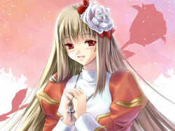 Rule 34 | 1girl, blonde hair, blush, cross, flower, hair flower, hair ornament, own hands clasped, high priest (ragnarok online), jewelry, long hair, miyase mahiro, necklace, own hands together, puffy sleeves, ragnarok online, red eyes, smile, solo, source request