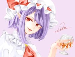 Rule 34 | 1girl, alcohol, ascot, bad id, bad twitter id, bow, cup, cupping glass, drinking glass, eyelashes, fangs, fingernails, frilled shirt collar, frills, hair between eyes, hat, hat bow, head tilt, holding, holding cup, holding drinking glass, light purple hair, lipstick, makeup, mascara, mob cap, nail polish, open mouth, pointy ears, purple background, red bow, red eyes, red lips, red nails, remilia scarlet, sharp fingernails, shirt, short hair, short sleeves, sidelocks, signature, simple background, slit pupils, smile, solo, souta (karasu no ouchi), tongue, touhou, vampire, white hat, white shirt, wine glass