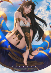 Rule 34 | 1girl, armlet, barefoot, black hair, breasts, earrings, elbow gloves, fate/grand order, fate (series), feet, floating, floating hair, full body, gloves, gold, highres, hoop earrings, ishtar (fate), jewelry, looking at viewer, medium breasts, patreon, red eyes, single elbow glove, single thighhigh, smile, solo, sylee1, thighhighs, tiara, toes