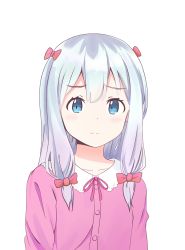 Rule 34 | 10s, 1girl, arms at sides, blue eyes, blush, bow, closed mouth, collarbone, commentary, eromanga sensei, hair bow, highres, izumi sagiri, long hair, looking at viewer, noven, official style, pajamas, pink bow, silver hair, simple background, solo, upper body, white background