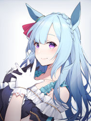 Rule 34 | 1girl, animal ears, asymmetrical gloves, black gloves, blue hair, blush, braid, breasts, chinese commentary, close-up, commentary request, crown braid, dress, from side, gloves, highres, horse ears, horse girl, ieufg, long hair, looking at viewer, medium breasts, mejiro ardan (umamusume), mismatched gloves, mixed-language commentary, off-shoulder dress, off shoulder, partial commentary, purple eyes, signature, simple background, smile, solo, umamusume, white background, white gloves
