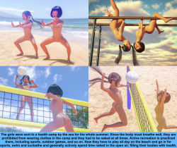 Rule 34 | 2girls, ass, ball, beach, beach volleyball, black hair, breasts, cloud, completely nude, english text, exercising, jumping, multiple girls, nude, nudist, ocean, original, playing, playing sports, sand, sky, spread legs, upside-down, volleyball, volleyball (object), volleyball net