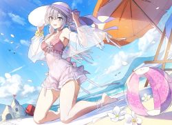 Rule 34 | 1girl, :d, amamiya chitose, ball, bare shoulders, barefoot, beach, beach chair, beach umbrella, beachball, bird, blue eyes, blue sky, blush, bow, breasts, bucket, bullet code: firewall, cloud, covered navel, day, dutch angle, female focus, flower, frilled swimsuit, frills, full body, hair bow, hat, hat ribbon, holding, holding clothes, holding hat, kneeling, leg ribbon, light purple hair, long hair, looking at viewer, low twintails, medium breasts, mountainous horizon, official art, one-piece swimsuit, open mouth, outdoors, petals, purple ribbon, ribbon, sand castle, sand sculpture, scrunchie, second-party source, sky, smile, solo, sun hat, swimsuit, thighs, twintails, umbrella, wata (attaka towel), white bow, white flower, white hat, white ribbon, wrist scrunchie, yellow scrunchie