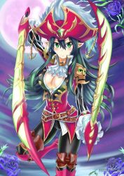 Rule 34 | 10s, 1girl, belt, boots, breasts, cardfight!! vanguard, cardfight!! vanguard g, character request, cleavage, dual wielding, flower, green eyes, green hair, hat, holding, large breasts, long hair, looking at viewer, mist phantasm pirate king nightrose, nez-box, pirate, pirate hat, pointy ears, skull, solo, sword, tagme, thigh boots, thighhighs, vampire, weapon