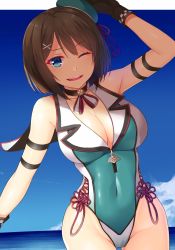Rule 34 | 10s, 1girl, absurdres, adapted costume, bad id, bad twitter id, bare shoulders, black neckwear, blue eyes, breasts, brown hair, choker, cleavage, cloud, day, gloves, hair ornament, hairclip, hat, highres, horosuke, kantai collection, large breasts, leotard, maya (kancolle), maya kai ni (kancolle), mini hat, ocean, one eye closed, race queen, shadow, skin tight, solo