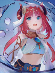 Rule 34 | 1girl, :d, blue eyes, blunt bangs, breasts, brooch, commentary request, crop top, fake horns, genshin impact, horns, hz paris, jewelry, large breasts, long hair, long sleeves, looking at viewer, midriff, neck ring, nilou (genshin impact), open mouth, red hair, smile, solo, stomach, upper body, veil, very long hair