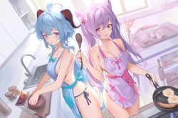 Rule 34 | 2girls, ahoge, alternate breast size, alternate costume, apron, bare arms, bare shoulders, blue hair, breasts, cleavage, collarbone, cone hair bun, egg (food), food, frilled apron, frills, frying pan, ganyu (genshin impact), genshin impact, goat horns, hair bun, halterneck, highres, holding, horns, hot dog, keqing (genshin impact), kitchen, large breasts, long hair, looking at viewer, multiple girls, naked apron, open mouth, pdxen, pink eyes, purple eyes, purple hair, side-tie peek, skindentation, smile, thighs, twintails, very long hair