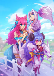 Rule 34 | 1boy, 2girls, ahoge, ahri (league of legends), animal ears, artist name, bare shoulders, bell, boots, breasts, cleavage, day, food, fox ears, fox tail, green ribbon, grey hair, grin, hair bell, hair ornament, hair ribbon, height difference, holding, japanese clothes, kimono, kindred (league of legends), knee boots, lamb (league of legends), league of legends, long hair, multiple girls, multiple tails, neck ribbon, outdoors, parted bangs, pink eyes, pink hair, ponytail, ribbon, smile, spirit blossom (league of legends), spirit blossom ahri, spirit blossom kindred, spirit blossom yasuo, tail, teeth, tongue, tongue out, upper teeth only, vmat, wolf (league of legends), yasuo (league of legends)