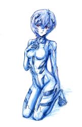 Rule 34 | 1girl, ayanami rei, blue hair, bodysuit, breasts, colored pencil (medium), full body, gata2013, gloves, hair between eyes, hair ornament, hand on own chest, hand on own thigh, highres, interface headset, kneeling, looking to the side, monochrome, neon genesis evangelion, parted lips, plugsuit, rebuild of evangelion, red eyes, short hair, simple background, sketch, skinny, small breasts, solo, spot color, traditional media, turtleneck, white background