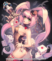Rule 34 | 1girl, animal ears, breasts, card (medium), chaos online, company name, copyright name, cowboy shot, detached collar, dice, fake animal ears, green eyes, hat, long hair, love cacao, mini hat, mini top hat, official art, pink hair, playboy bunny, rabbit ears, rabbit tail, small breasts, solo, tail, thighhighs, top hat, twintails, tyria (chaos online), very long hair, wrist cuffs