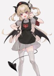 Rule 34 | 1girl, apron, armband, bandaged wrist, bandages, black apron, blonde hair, collared dress, demon horns, demon wings, dress, fang, feet out of frame, hat, heart, heart print, highres, horns, long hair, looking at viewer, low wings, nail polish, natori sana, nurse cap, open mouth, pink nails, pocket, puffy short sleeves, puffy sleeves, red armband, red eyes, safety pin, sana channel, short sleeves, skin fang, skindentation, solo, standing, thighhighs, two side up, virtual youtuber, white background, white dress, white thighhighs, wings, zumi tiri