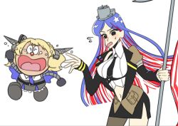 Rule 34 | 2girls, american flag, anno88888, black eyes, black neckwear, black skirt, blonde hair, blue hair, breasts, capelet, colorado (kancolle), crayon shin-chan, crying, flag, flying sweatdrops, headgear, highres, holding, kantai collection, long hair, long sleeves, midriff, multicolored hair, multiple girls, navel, necktie, open mouth, parody, red hair, short hair, side slit, simple background, skirt, south dakota (kancolle), star (symbol), style parody, sweatdrop, tears, white background, white hair