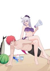 1boy 1girl :d absurdres ahoge barefoot bikini captain_(honkai_impact) closed_eyes closed_mouth commentary commission crossed_legs english_commentary eruda_erudia exercising food frilled_bikini frills fruit highres holding holding_megaphone honkai_(series) honkai_impact_3rd kiana_kaslana kiana_kaslana_(herrscher_of_finality) long_hair male_swimwear megaphone muscular muscular_male open_mouth purple_bikini purple_eyes push-ups red_hair sand second-party_source shaved_ice simple_background smile spiked_hair swim_trunks swimsuit toes topless very_long_hair watermelon white_background white_hair