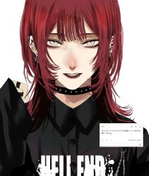 Rule 34 | 1girl, black choker, black shirt, braces, choker, collared shirt, commentary request, dress shirt, ear piercing, earrings, grey eyes, hand up, highres, hoshi san 3, jewelry, lip piercing, long sleeves, medium hair, multiple rings, original, parted lips, piercing, red hair, request inset, ring, shirt, sidelocks, simple background, solo, studded choker, translation request, upper body, white background, wolf cut