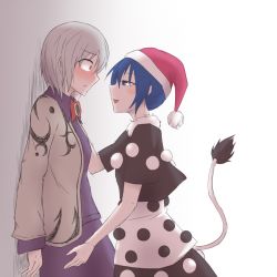 Rule 34 | 2girls, :d, against wall, blue eyes, blue hair, blush, capelet, collared shirt, doremy sweet, dress, eye contact, full-face blush, hat, jacket, kishin sagume, kuroba rapid, looking at another, md5 mismatch, multiple girls, open mouth, red eyes, resolution mismatch, scared, seductive smile, shirt, silver hair, skirt, skirt set, smile, source smaller, tail, tapir tail, touhou, you gonna get raped, yuri