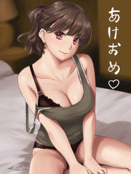 Rule 34 | &gt;:), 1girl, akeome, artist name, bare shoulders, black bra, black panties, blurry, bra, breasts, brown hair, camisole, cleavage, closed mouth, collarbone, depth of field, eiri su, green shirt, hair ornament, hair scrunchie, happy new year, head tilt, heart, large breasts, looking at viewer, new year, on bed, original, own hands together, panties, ponytail, red eyes, scrunchie, shirt, short hair, signature, sitting, smile, solo, strap slip, translated, underwear, v-shaped eyebrows, v arms