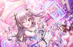 1girl castle crane_game dress grey_hair heart heart_hands idolmaster idolmaster_cinderella_girls idolmaster_cinderella_girls_starlight_stage kanzaki_ranko long_hair looking_at_viewer non-web_source official_art open_mouth red_eyes smile solo stage standing stuffed_toy twintails