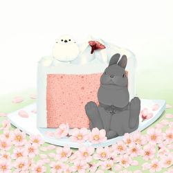 Rule 34 | animal focus, bird, cake, chick, chiffon cake, commentary request, flower request, food, food focus, gradient background, grass, green background, lilac (p-f easy), looking at viewer, original, plate, rabbit, shadow, sitting, white background
