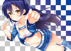 Rule 34 | 1girl, artist name, artist request, bare legs, belt, blue hair, blue pants, blue shirt, blue shorts, blush, bra, breasts, checkered background, collarbone, female focus, hair between eyes, highres, long hair, looking at viewer, love live!, love live! school idol festival, love live! school idol project, pants, parted lips, pointing, pointing at viewer, shirt, shorts, smile, solo, sonoda umi, underwear, white belt, white bra, yellow eyes