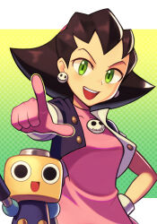 Rule 34 | 1girl, absurdres, breasts, buttons, commentary, covered collarbone, earrings, gloves, green eyes, hand on own hip, hand up, highres, index finger raised, jacket, jewelry, long hair, looking at viewer, mega man (series), mega man legends (series), open clothes, open jacket, open mouth, pointing, puffy short sleeves, puffy sleeves, robot, servbot (mega man), short sleeves, silverchariotx, simple background, small breasts, smile, teeth, the misadventures of tron bonne, tron bonne (mega man), upper body, upper teeth only
