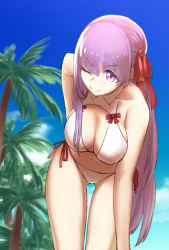 Rule 34 | 10s, 1girl, bb (fate), bb (fate), bb (fate/extra), bikini, breasts, cowboy shot, emoshon, fate/extra, fate/extra ccc, fate (series), hair ribbon, highres, large breasts, leaning forward, long hair, looking at viewer, navel, one eye closed, purple eyes, purple hair, ribbon, smile, solo, swimsuit, very long hair, white bikini