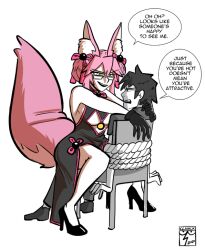 Rule 34 | 1boy, 1girl, 2020, animal ear fluff, animal ears, bare shoulders, black dress, black gloves, black hair, bound, breasts, chaldea uniform, china dress, chinese clothes, clinickcase, commentary, dated, dress, english commentary, english text, fate/grand order, fate (series), fox ears, fox girl, fox tail, fujimaru ritsuka (male), glasses, gloves, hair between eyes, hair ornament, hands on another&#039;s shoulders, hetero, high heels, koyanskaya (chinese lostbelt outfit) (fate), koyanskaya (fate), large breasts, open mouth, pink hair, rope, signature, sitting, sitting on lap, sitting on person, smile, tail, tamamo (fate), tied to chair, tied up (nonsexual), yellow eyes