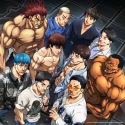 Rule 34 | 2021, 6+boys, abs, absurdres, album cover, biscuit oliva, black hair, blonde hair, blue hair, brown eyes, copyright name, cover, dark skin, dated, earrings, facial hair, father and son, grappler baki, hanma baki, hanma yujiro, highres, itagaki keisuke, jewelry, looking at viewer, looking up, male focus, multiple boys, muscular, mustache, official art, open clothes, open shirt, pectorals, real life, ribbon, short hair, simple background, smile, standing, sunglasses, uniform, upper body, white background