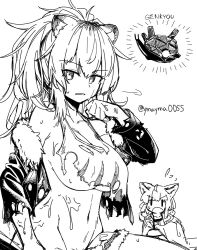 Rule 34 | 2girls, animal ears, arknights, breasts, cleavage, commentary request, flying sweatdrops, fur-trimmed jacket, fur trim, greyscale, groin, jacket, large breasts, lion ears, long hair, looking at viewer, monochrome, multiple girls, navel, open clothes, open jacket, originium slug (arknights), out-of-frame censoring, ponytail, shirt, shorts, siege (arknights), simple background, sitting, sussurro (arknights), torn clothes, torn jacket, torn shirt, torn shorts, twitter username, underboob, v-shaped eyebrows, wardrobe malfunction, white background, wiping face, yom (ymayma00ss), | |