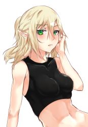 Rule 34 | 1girl, arm at side, asuzemu, bad id, bad pixiv id, bare shoulders, black shirt, blonde hair, blush, breasts, crop top, eyebrows, eyelashes, green eyes, hand on own cheek, hand on own face, hand on own head, hand up, impossible clothes, looking at viewer, medium breasts, mizuhashi parsee, navel, pointy ears, ponytail, shirt, simple background, sleeveless, sleeveless shirt, solo, stomach, taut clothes, taut shirt, touhou, upper body, white background