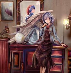 Rule 34 | 2girls, angel wings, ascot, blue hair, bookshelf, brooch, capelet, desk, doremy sweet, dress, globe, grey wings, hand up, hat, highres, houdukixx, jacket, jewelry, kishin sagume, legs, light, light purple hair, long skirt, long sleeves, looking at another, looking at viewer, mirror, multiple girls, nightcap, on desk, open mouth, painting (action), phonograph, pom pom (clothes), purple shirt, purple skirt, room, shirt, short hair, signature, single wing, sitting, on desk, skirt, smile, tail, tapir tail, touhou, white dress, wings