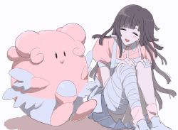 Rule 34 | 1girl, 1other, apron, bandaged leg, bandages, blissey, blunt bangs, blunt ends, blush, closed eyes, colored skin, creatures (company), danganronpa (series), danganronpa 2: goodbye despair, dot nose, egg, game freak, gen 2 pokemon, hands on own knees, highres, knees up, long hair, looking at another, nintendo, open mouth, pink legwear, pink shirt, pink skin, pleated skirt, pokemon, pokemon (creature), puffy short sleeves, puffy sleeves, purple hair, shadow, shirt, short sleeves, simple background, skirt, smile, socks, teeth, tsumiki mikan, upper teeth only, vo1ez, white apron, white background, white footwear, white skirt