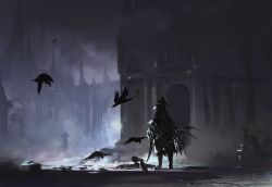 Rule 34 | 1girl, armor, bird, bloodborne, cape, commentary, crow, dark, eileen the crow, full armor, hat, holding, holding sword, holding weapon, miso katsu, negative space, outdoors, solo, standing, sword, weapon