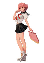 Rule 34 | 1girl, absurdres, bag, black sailor collar, black skirt, breasts, commentary, full body, hand up, high tops, highres, holding, holding bag, hongcasso, looking at viewer, medium breasts, midriff peek, miniskirt, neckerchief, open mouth, original, parted lips, pink bag, pink eyes, pink hair, pleated skirt, red eyes, red neckerchief, sailor collar, school uniform, see-through, serafuku, shirt, shoes, short hair, short sleeves, simple background, skirt, smile, sneakers, solo, standing, white background, white footwear, white shirt