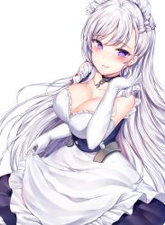 Rule 34 | 1girl, absurdres, apron, azur lane, bad id, bad twitter id, belfast (azur lane), blush, bow, bow panties, braid, breasts, chain, cleavage, clothes lift, collar, collarbone, dress, dress tug, elbow gloves, french braid, frilled gloves, frills, garter straps, gloves, hand up, highres, large breasts, long hair, looking at viewer, maid, maid headdress, panties, parted lips, purple eyes, sidelocks, silver hair, simple background, skindentation, skirt, skirt lift, smile, solo, standing, underwear, white background, white gloves, zerocat
