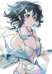 Rule 34 | 1girl, absurdres, arknights, bare shoulders, black hair, collarbone, duplicate, goggles, goggles around neck, gohanduck, grey eyes, highres, jacket, la pluma (arknights), la pluma (summer flowers) (arknights), long sleeves, off shoulder, official alternate costume, pixel-perfect duplicate, short hair, simple background, solo, stomach, upper body, white background, white jacket