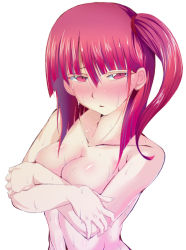 Rule 34 | 1girl, bad id, bad pixiv id, breast hold, breasts, covering privates, covering breasts, magi the labyrinth of magic, medium breasts, morgiana, nude, red eyes, red hair, short hair, side ponytail, simple background, solo, tears, unadon, wet, white background
