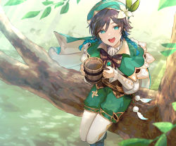Rule 34 | 1boy, :d, androgynous, aqua eyes, beer mug, braid, branch, buttons, capelet, corset, cup, feathers, flower, from above, genshin impact, gradient hair, hair flower, hair ornament, highres, leaf, legs together, looking up, mug, multicolored hair, open mouth, pantyhose, penguu (green528), sitting, smile, solo, trap, twin braids, venti (genshin impact), white pantyhose, wind