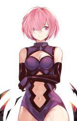 Rule 34 | 1girl, bare shoulders, black gloves, breasts, cleavage, elbow gloves, fate/grand order, fate (series), gloves, hair over one eye, highres, mash kyrielight, medium breasts, navel, pink hair, purple eyes, sc068, short hair, simple background, solo, standing, white background